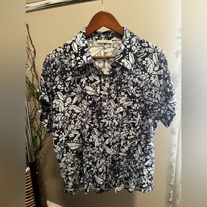 Christian Siriano (XL) - Navy and White Floral Linen Blend Blouse